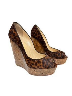 Christian Louboutin coroclic peep‎ toe pony hair animal print wedges size 38